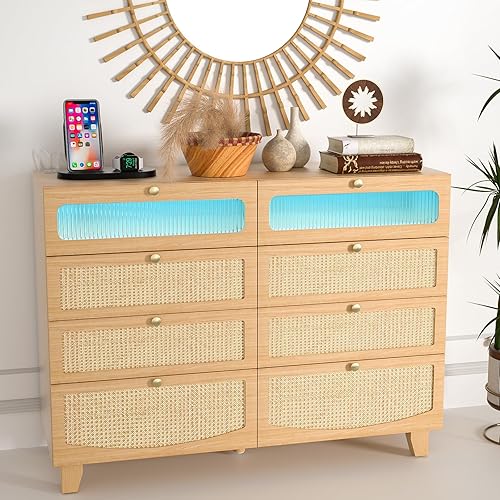 Miniatura 9 de Cómoda para dormitorio con cajones, cómoda moderna con luces LED y estación de carga, cómoda de ratán, cómoda alta con cajones para dormitorio, sala