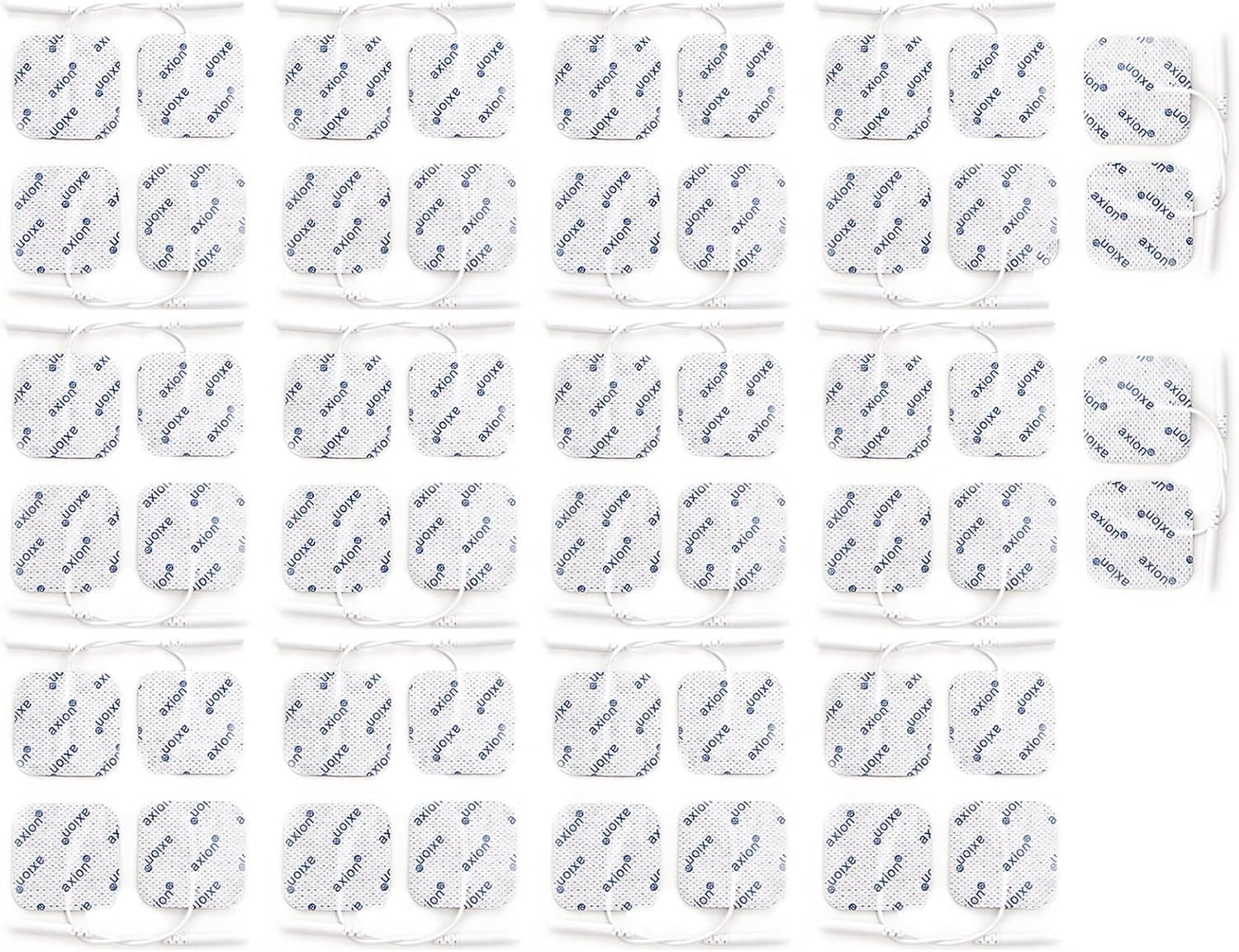 52 électrodes axion | Patchs 4x4 cm pour électrostimulateur TENS et/ou EMS réutilisables et autocollants avec connexion filaire de 2 mm