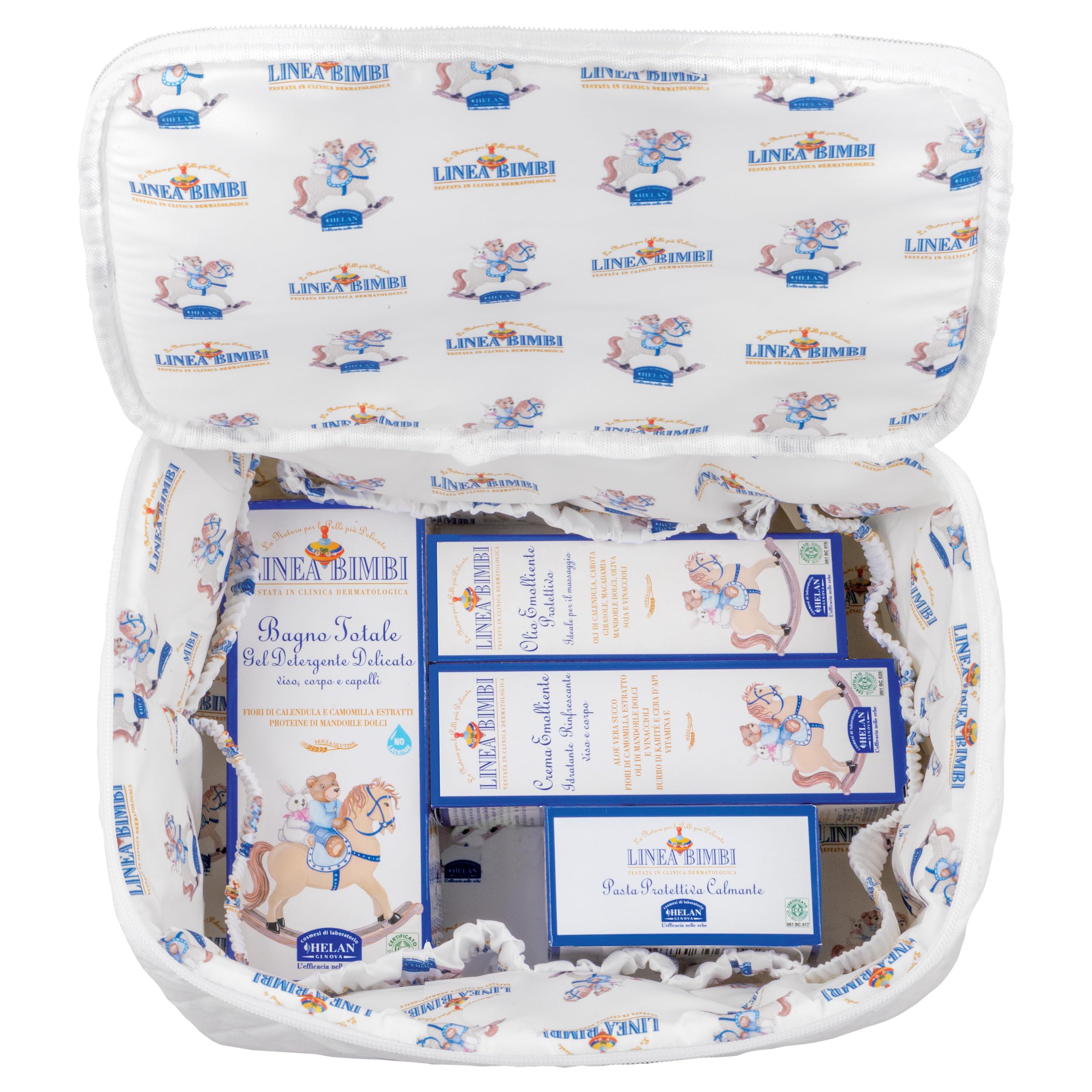 Helan, Linea Bimbi - Set Bagnetto Neonato, Beauty Case Neonato Kit Nascita Igiene con Crema Corpo Idratante, Bagnoschiuma Shampoo, Crema Cambio Pannolino e Olio Corpo, Prodotti Bagno per Idee Regalo
