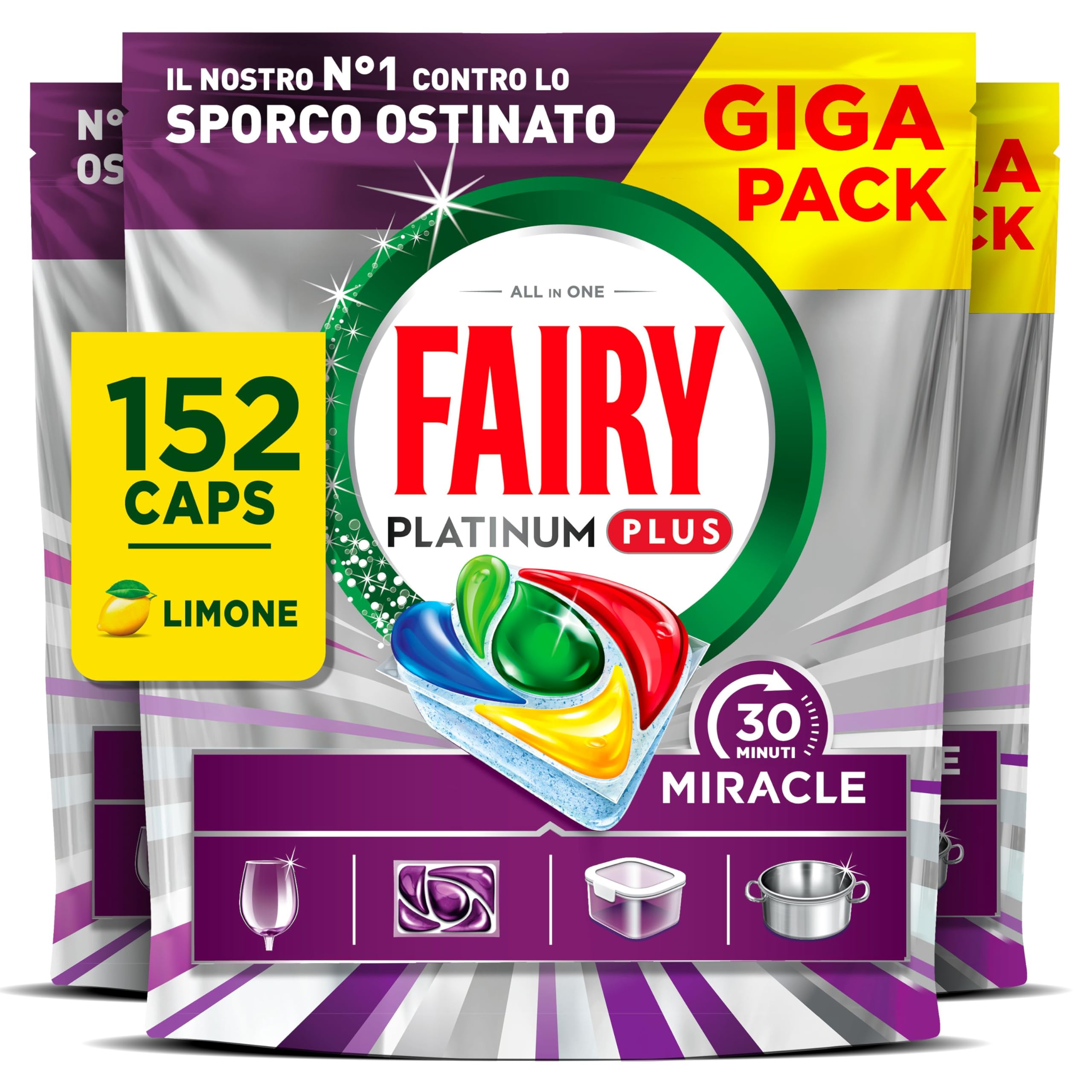 Fairy 30 Minuti Miracle Pastiglie Lavastoviglie, 152 Capsule, Limone.