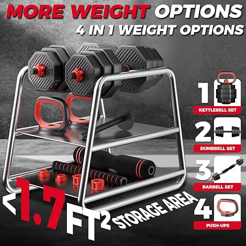 Miniatura 3 de KeppiFitness Adjustable Dumbbell Set, 30507090 lb Free Weight Set with Connector Bar, 4 in 1 Workout Gear with Dumbbell, Kettlebell, Barbell, Push