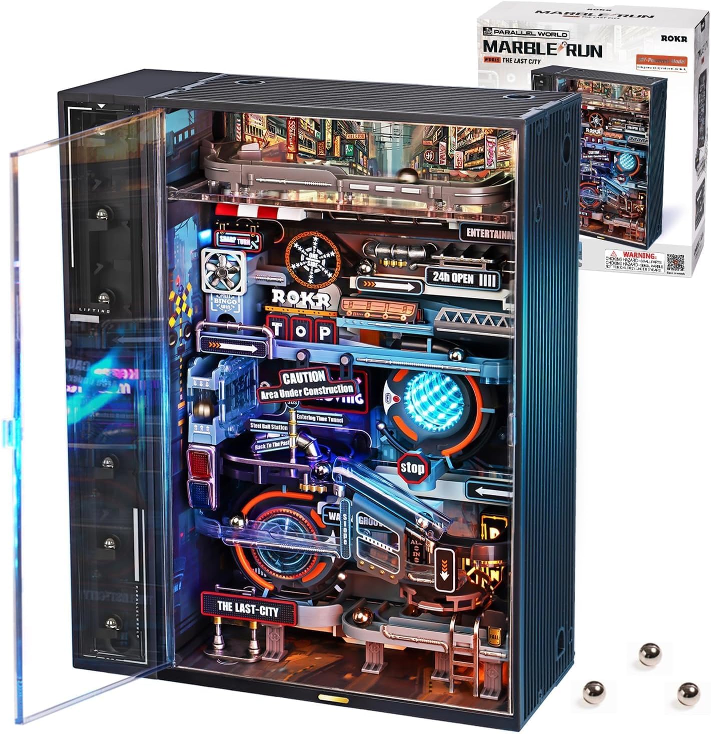 ROKR The Last City Marble Run 3D Puzzle Kit for Adults - Cyberpunk DIY Model Building with Automated Lift & LED Modes
