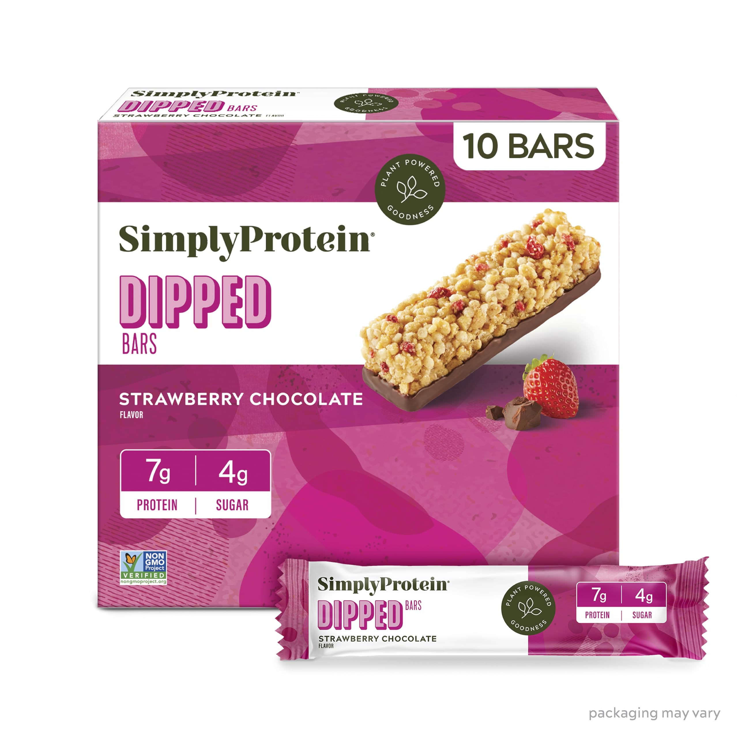 Simply Protein - Strawberry Chocolate Dipped Bars, 10 Bars - Plant Based Protein Snack Bars, Snacks for Kids - 7g Protein, 4g Sugar, 100 Calories - Vegan, Gluten Free, Non GMO, Kosher - 2 Boxes