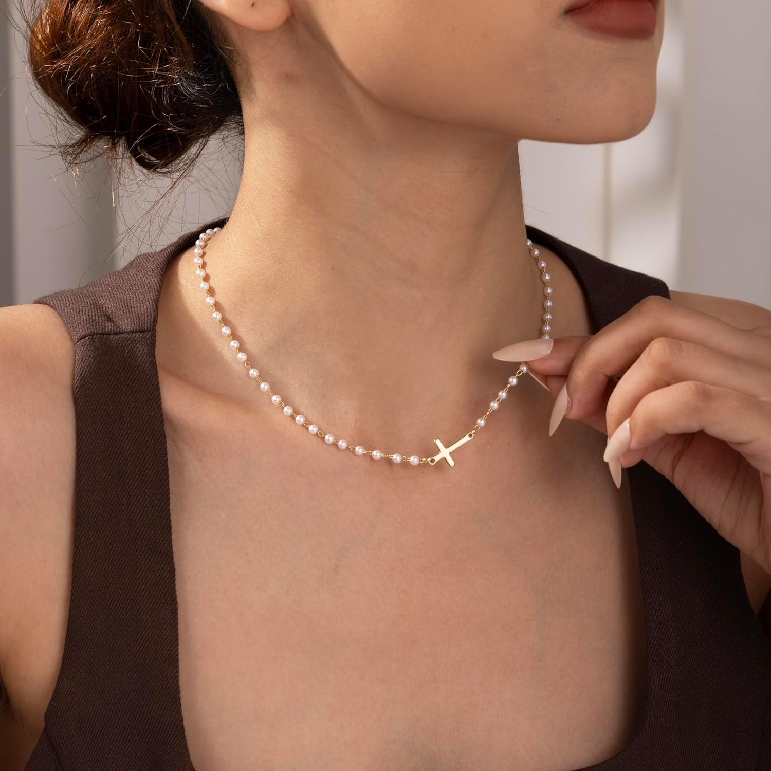 Pearl Cross Necklace for Women, Eternal Gold Pearl Necklace with Cross Pendant, Dainty Pearls and Cross Necklace Christian Faith Jewelry Gift - Image 2