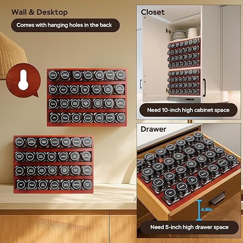 Miniatura 5 de Bamboo Spice Rack Organizer with 28 Spice Jars, 780 Labels, 4 Tier Wood Hanging Shelf, Chalk Marker and Funnel Set for Drawer Cabinet Kitchen