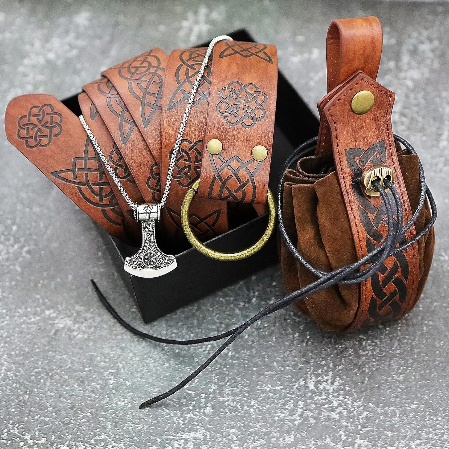 RechicGu 3 Pieces Medieval Viking Leather Belt, Retro Drawstring Belt Bag Pouch and Stainless Steel Chain Axe Necklace, Renaissance Knight Accessories Set for LARP Ren Faire Costume Brown - Image 3