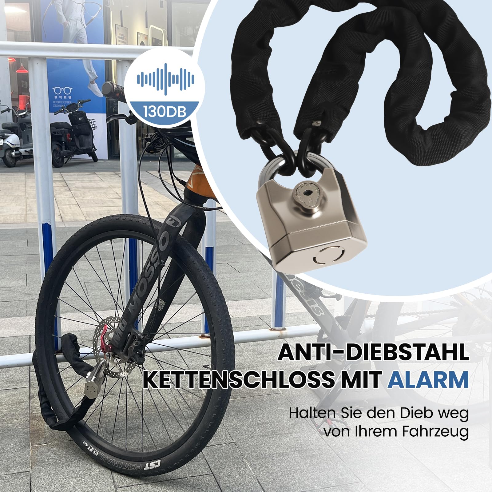Candado para bicicleta con alarma de 130 db, sistema de alarma para bicicleta, 100 cm x 12 mm, con mini candado antirrobo, con 3 llaves para scooter, moto, bicicleta eléctrica