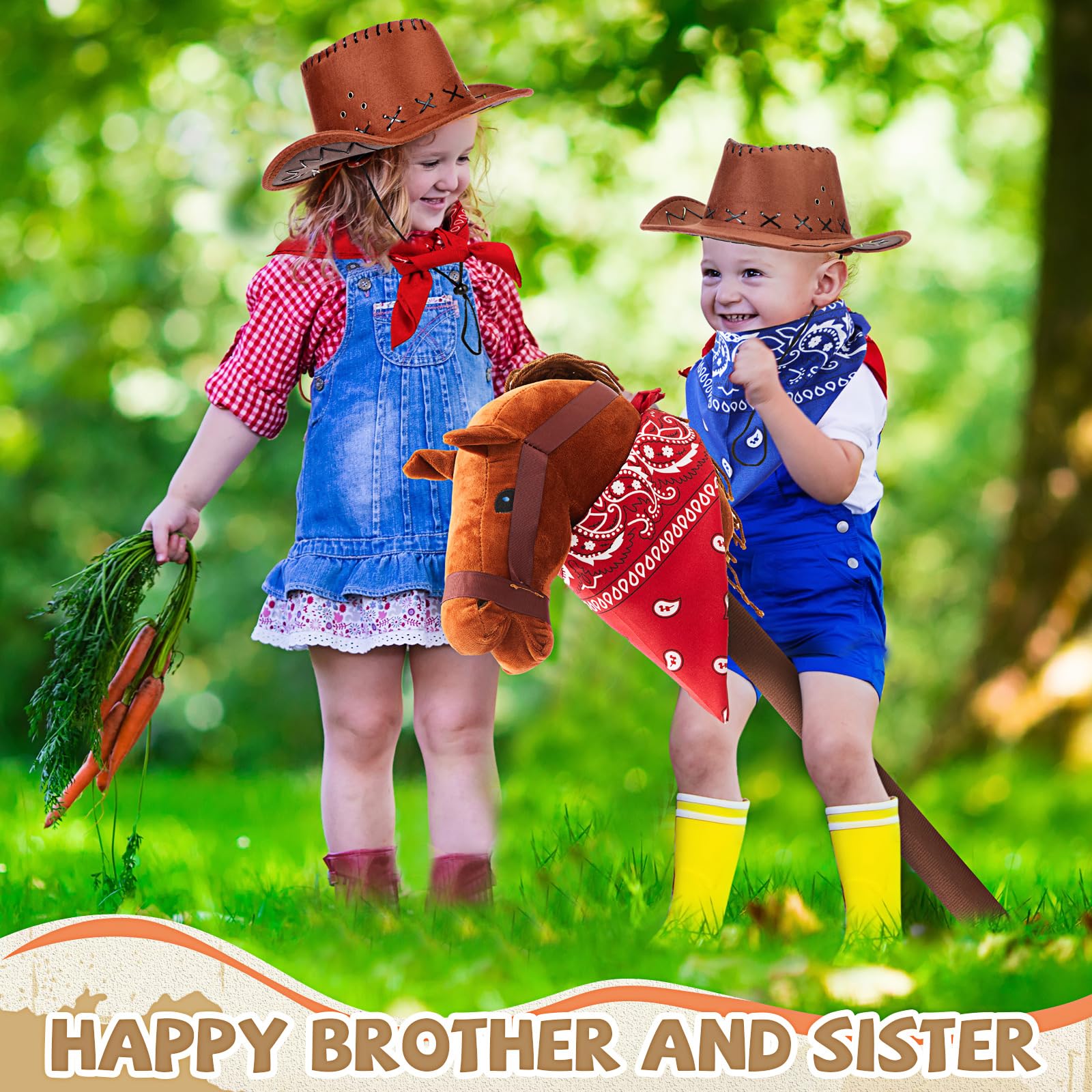 Juego de 8 unidades de palo de caballo marrón claro con sonido rojo y azul Bandana Set de juguetes Stick Horse Western Cowboy Bandana Cabeza de caballo palo con sonido vecino para niños y niñas 4