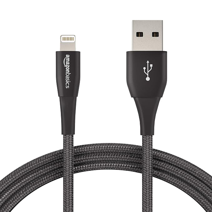 AmazonBasics Double Nylon Braided Apple Certified Lightning to USB Charge and Sync Extra Tough Cable, 6 Feet (1.8 Meters) - Black
