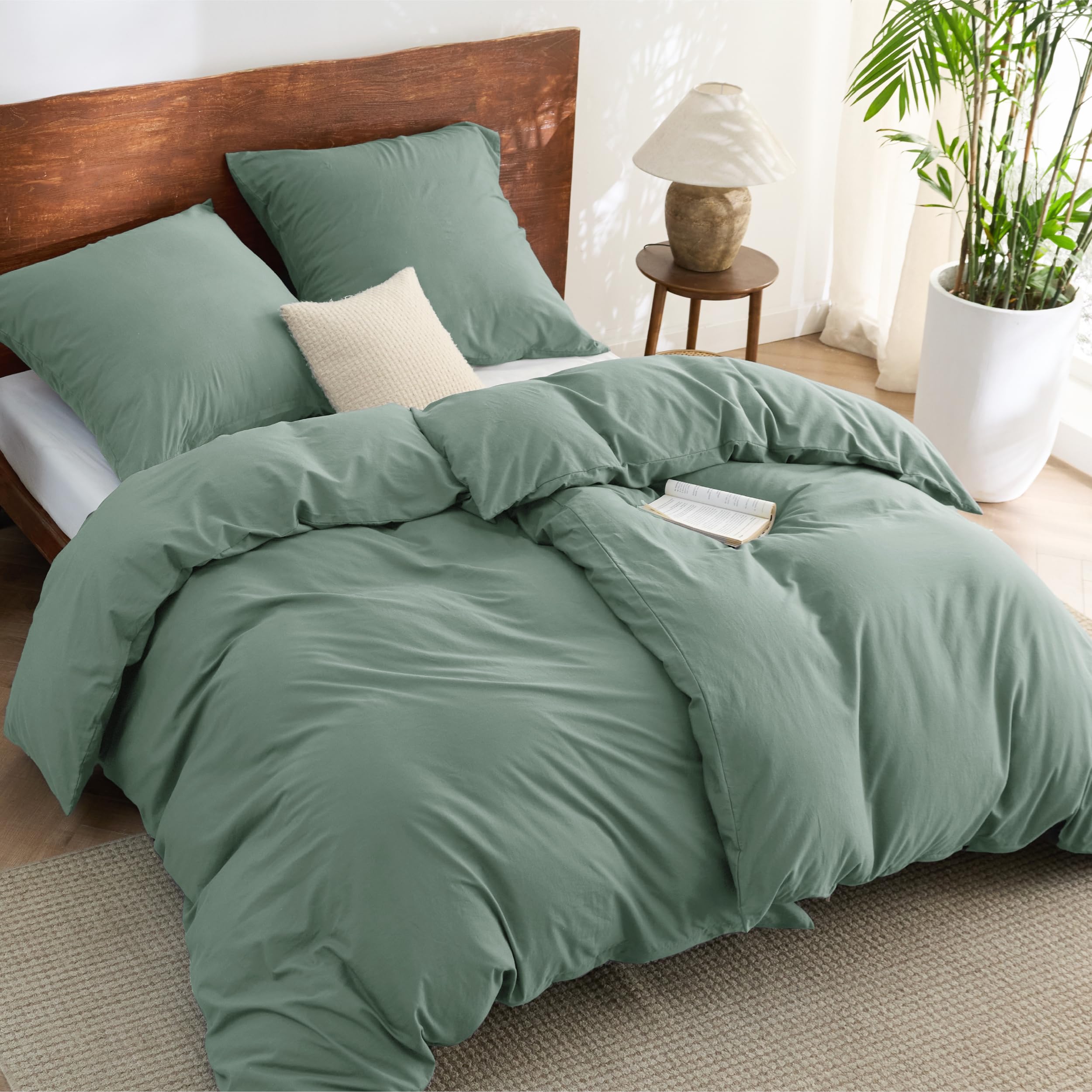 BEDSURE Bettwäsche 135x200 Baumwolle 4teilig - Bettwäsche-Sets Salbeigrün Bettbezug 2er Set mit 2 Kissenbezüge 80x80 cm, Ähnliche Textur wie Washed Leinen, Oeko-TEX Bedding Grün mit Reißverschluss