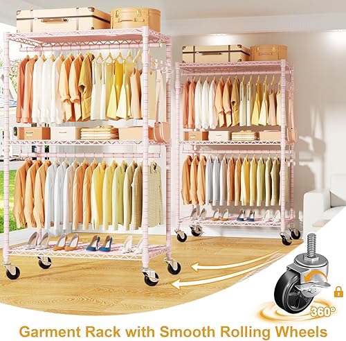 Miniatura 5 de P1 Armarios Rodantes con Ruedas y Estantes, Armario Portátil para Colgar Ropa, Sistema de Almacenamiento y Organizador de Ropa Rosa para Dormitorio,