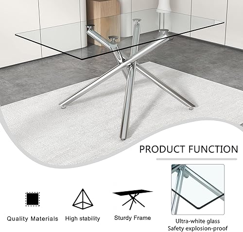 Miniatura 6 de Mesa de comedor de vidrio de 63 pulgadas para 6, patas plateadas, mesa de cocina rectangular de vidrio para 4-6 personas, muebles de mesa para el