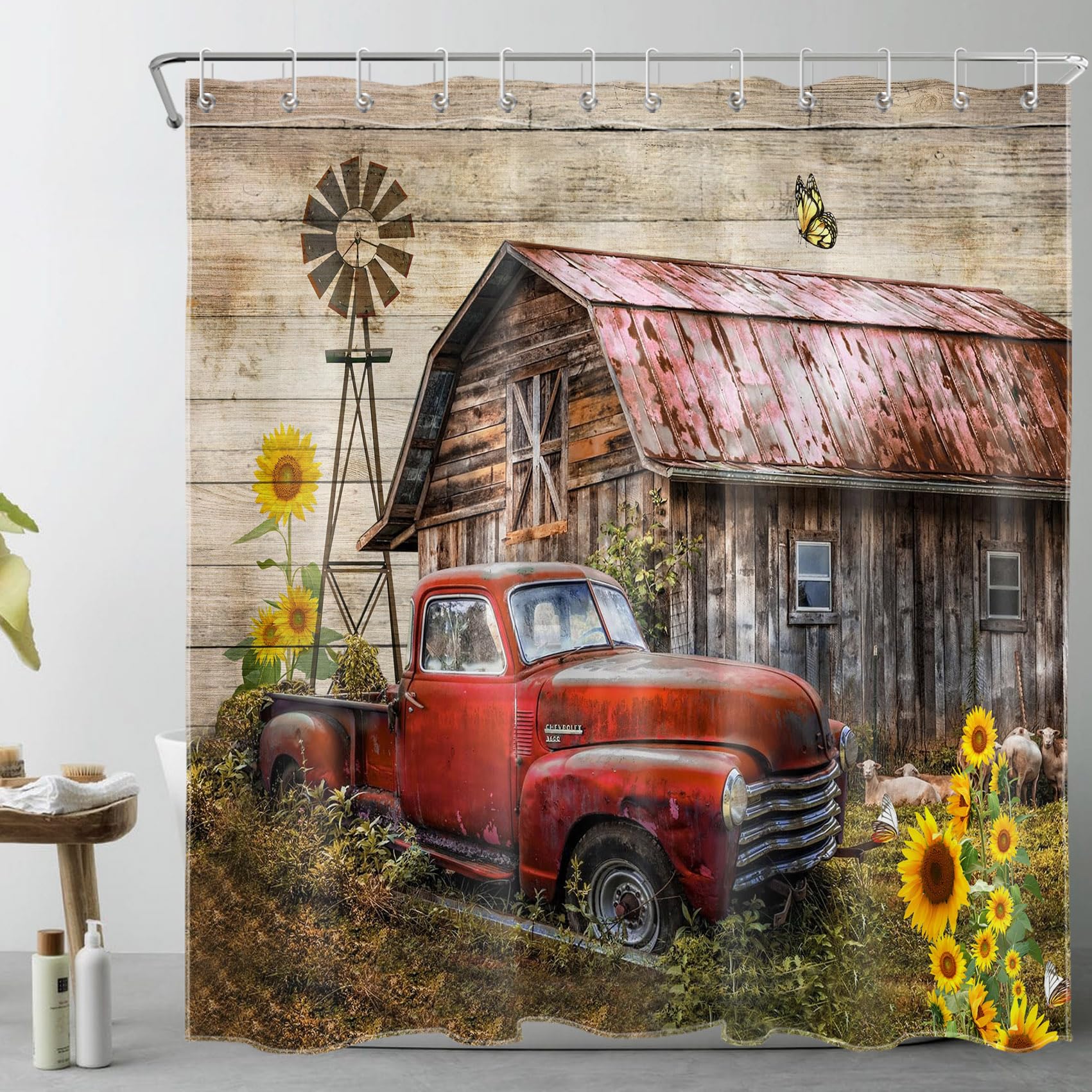 LB Rustic Farmhouse Red Truck Shower Curtain for Bathroom, Country Vintage Wood Barn Fabric Shower Curtain, Yellow Floral Sunflower and Butterfly