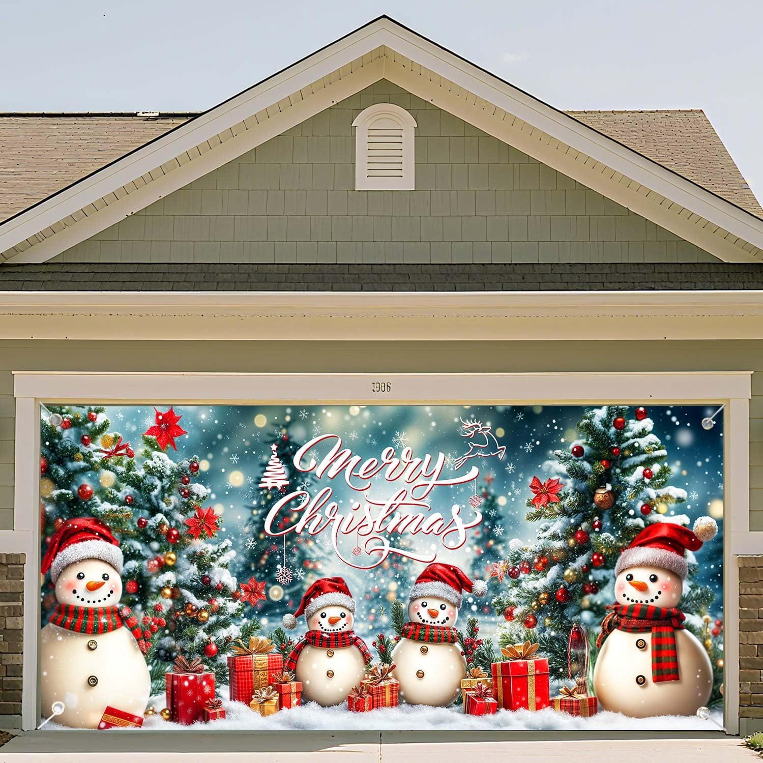 16X7ft Winter Christmas Garage Door Background,Merry Christmas Snowman for Red Party Xmas Tree Gift Window Night Full Moon Merry Background for Family Holiday Party - Banner Garage Door