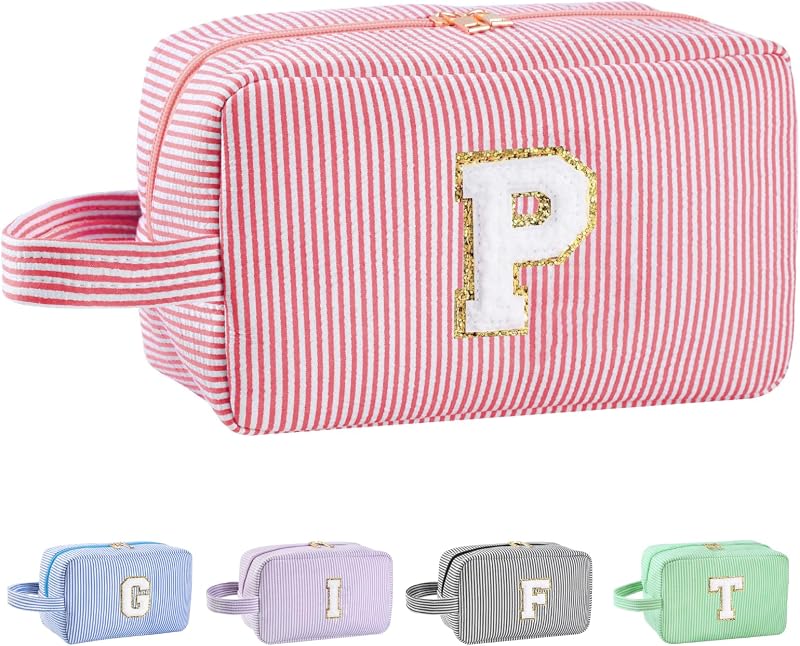 Necessaire de maquiagem personalizada Huifen com inicial P, rosa