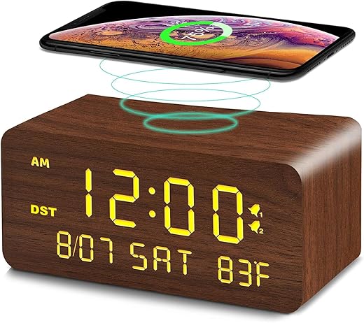 Andoolex Wooden Digital Alarm Clock with Wireless Charging, 0-100% Adjustable Brightness Dimmer and Alarm Volume, Weekday/Weekend Mode, Dual Alarm, Snooze, 12/24H, Wood LED Clock for Bedroom (Brown)