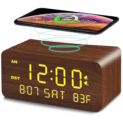 Andoolex Wooden Digital Alarm Clock with Wireless Charging, 0 100% Adjustable Brightness Dimmer and