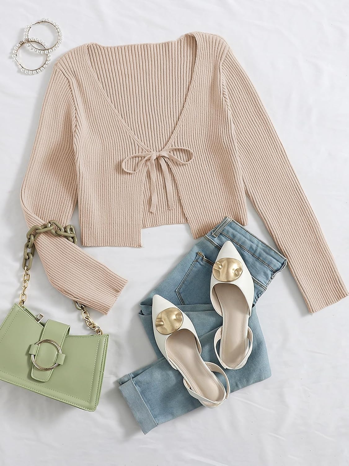 Floerns Women's Tie Front Long Sleeve Rib Knit Shrug Sweaters Cardigan Crop Top - Image 5