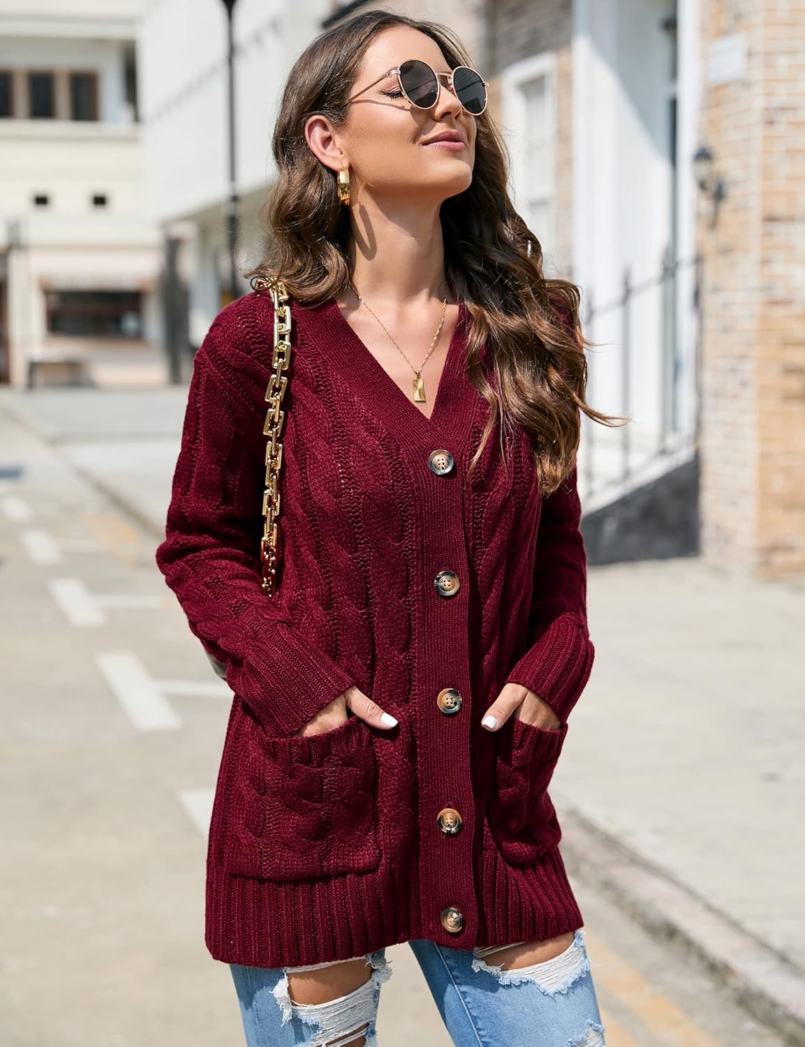 MISSKY Women's Open Front Cardigan Sweater with Pockets Long Sleeve Cable Knit Button Loose Cardigan Sweater Outwear - Image 3