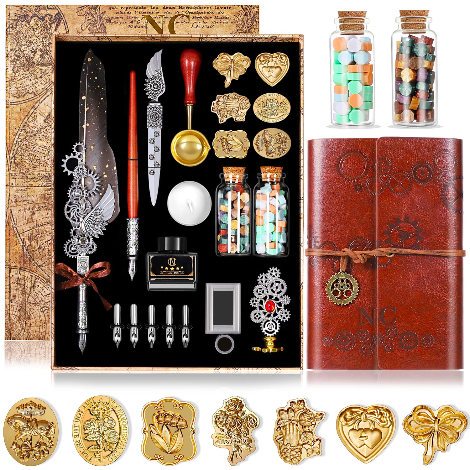 NC Quill Pen Ink Set, Wax Seal Stamp Kit with PU Leather Notebook and Quill Pen,7 Stamp Heads,2 Bottles Wax Beads, for Gift and Decoration,Calligraphy Pen for Writing Letters,Greeting Cards Etc (Grey)