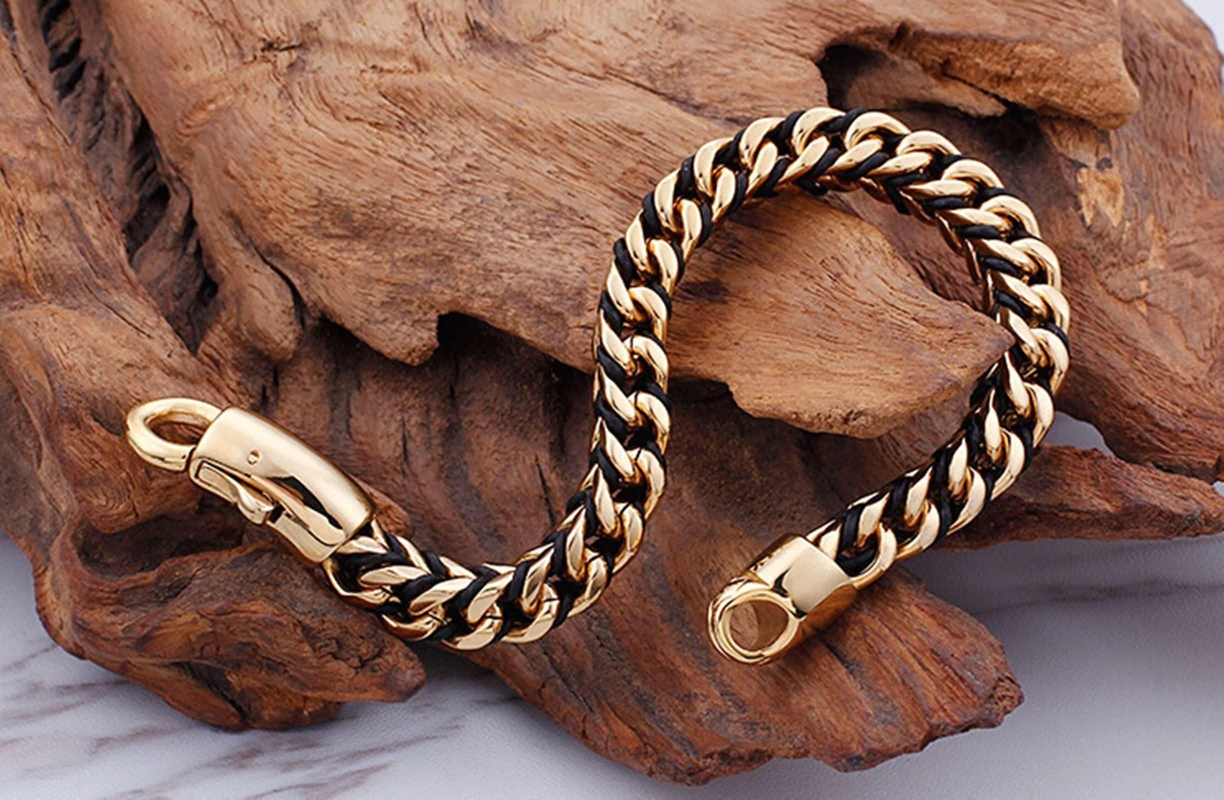 Brazalete de Hombre Negro Oro,Brazaletes de Mujer Acero Inoxidable Cadena 8MM Brazalete Hombre 22 CM
