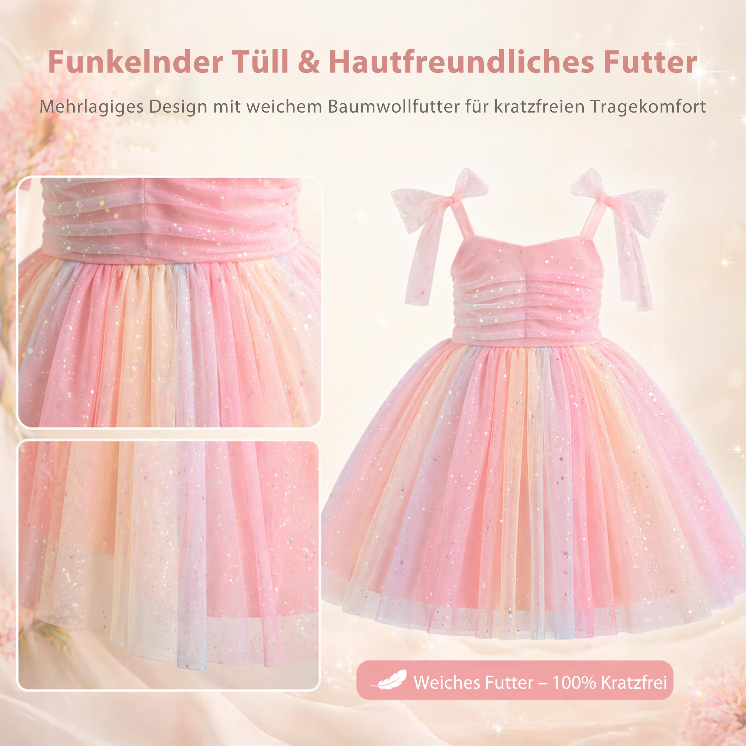 Feenkleid Mädchen Prinzessinnenkleid mit 3D-Schmetterlingsflügel, Regenbogen-Tüllkleid Baby Kleinkind Tutu, Blumenmädchen Festkleid für Geburtstag Hochzeit Karneval Kostüm