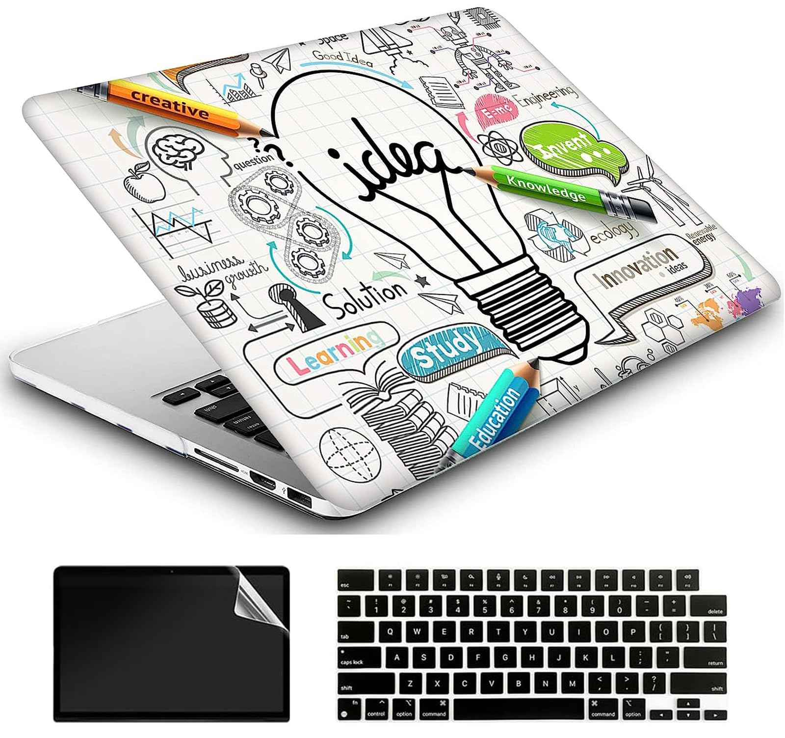 Compatible with MacBook Air 13 Inch Case 2017-2010 A1466/A1369, Protective Cover & EU Keyboard Protector & Screen Protector, Idea Bulb