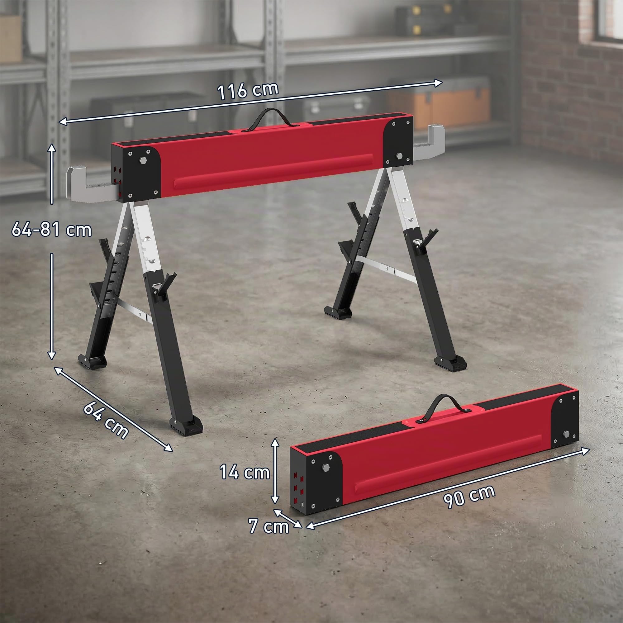 HOMCOM Arbeitsbock Gerüstbock 2er Set Höhenverstellbar 64-81 cm Rot | Belastbarkeit Bis 1160 kg, Klappbar, Sägebock, Metall, Unterstellbock Mit Griff, 7-Fach, Arbeitshöhe 640-810 mm
