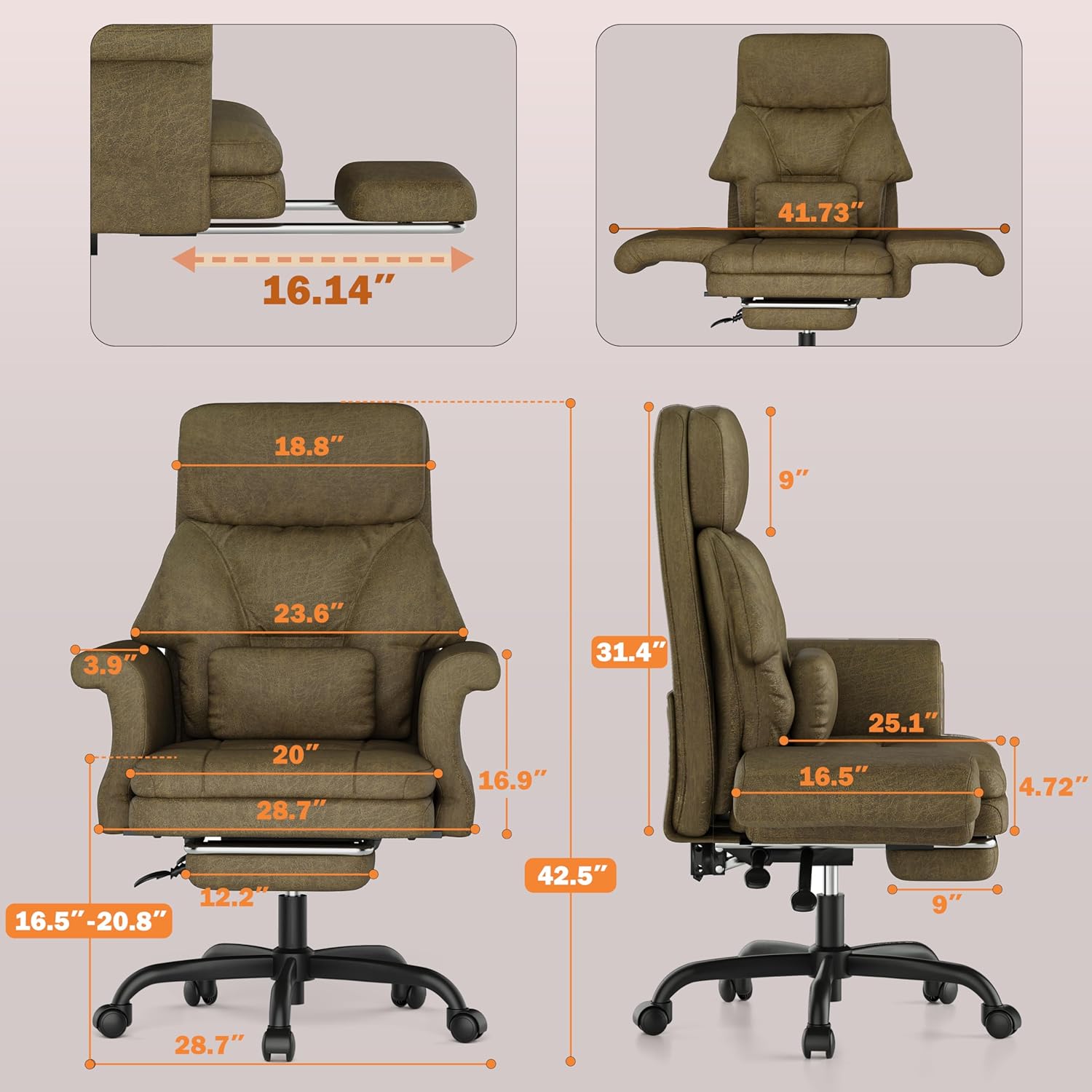 ELABEST C39 Cross Legged Office Chair with Footrest & Convertible Armrests - Pet-Friendly XL Home Desk Chair, Ergonomic Recliner with Lumbar Pillow, Criss Cross Design, Big and Tall Executive Chair Sage Serenity