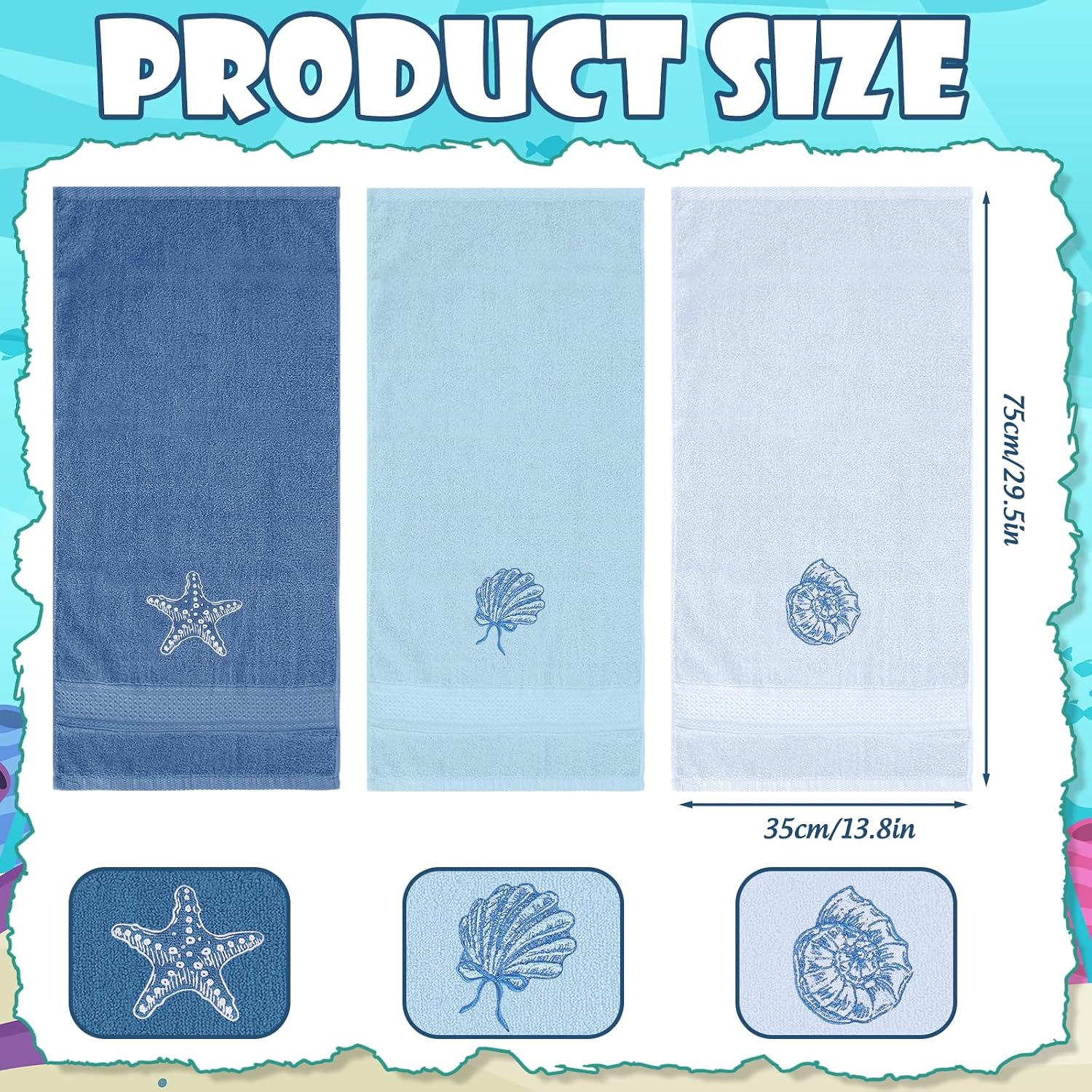 Whaline 3Pcs Summer Coastal Hand Towels 3D Embroidered 100% Cotton Bath Towels Blue Starfish Seashell Conch Dish Towel for Ocean Beach Home Kitchen Bathroom Drying Cleaning, 29.5 x 13.8 Inch