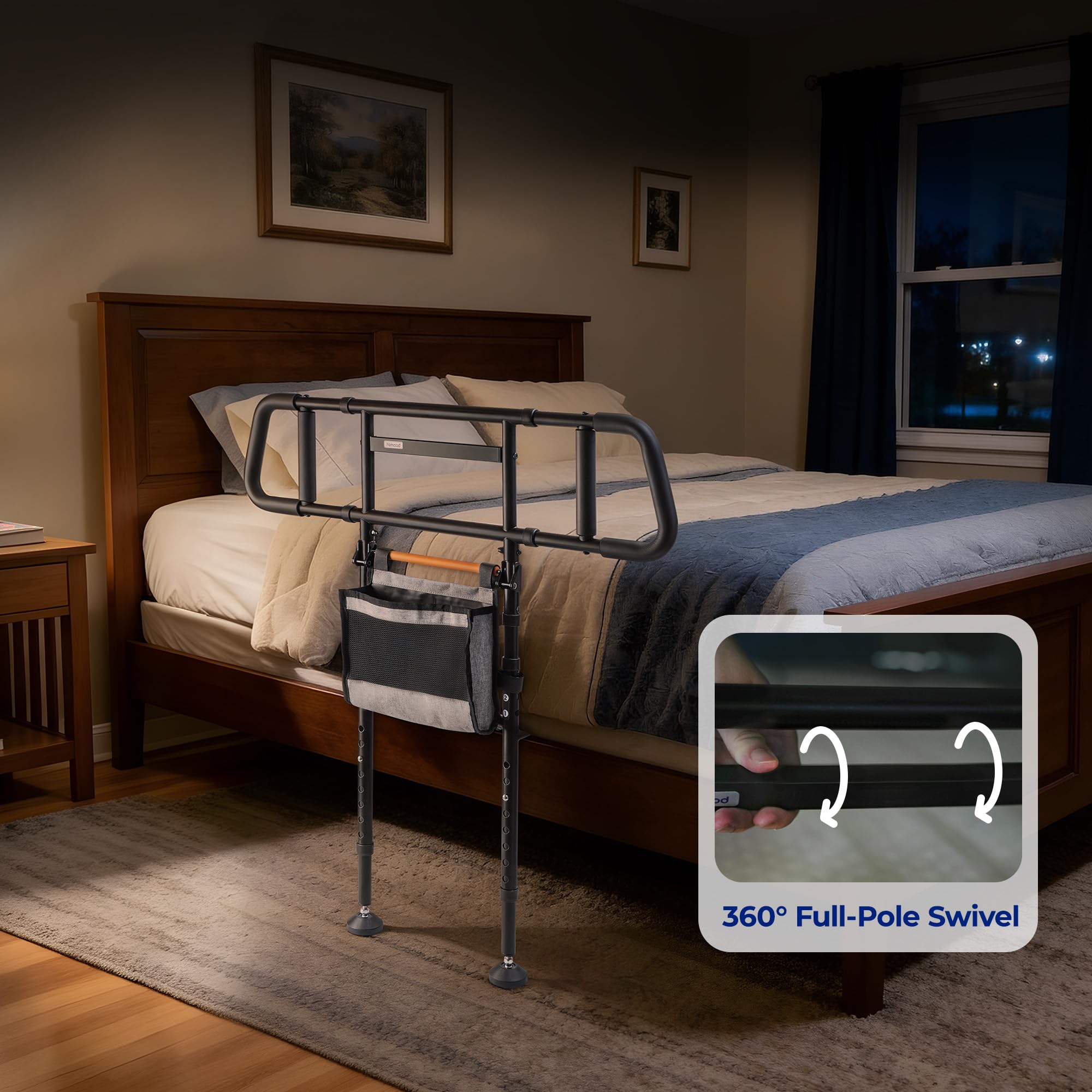 Barandilla de cama para seguridad en el hogar – Riel de cama plegable para personas mayores con luz activada por movimiento y bolsa de almacenamiento, patas de extensión, bastón de cama de