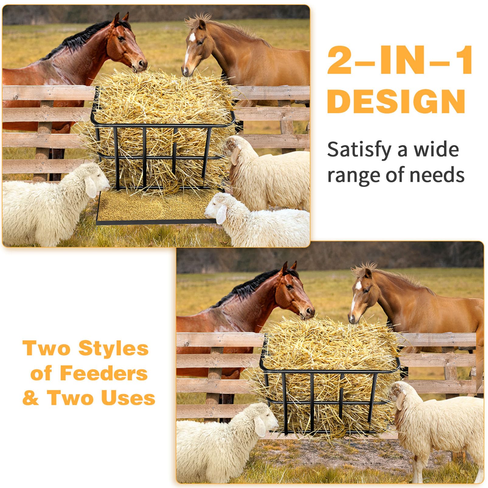 Comedero de heno de 23,6" de Largo para Caballos, comedero de heno de Gran Capacidad para Ganado con Bandeja de Grano Desmontable, Soporte de Pared 2 en 1 para Caballos, ovejas y Cabras, Uso