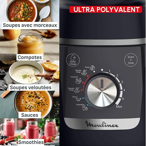 Moulinex Blendforce Cook, Blender chauffant, Recettes chaudes et froides, 5 programmes automatiques, 6 vitesses + Pulse, Bleu nuit, LM5768F0 - 3