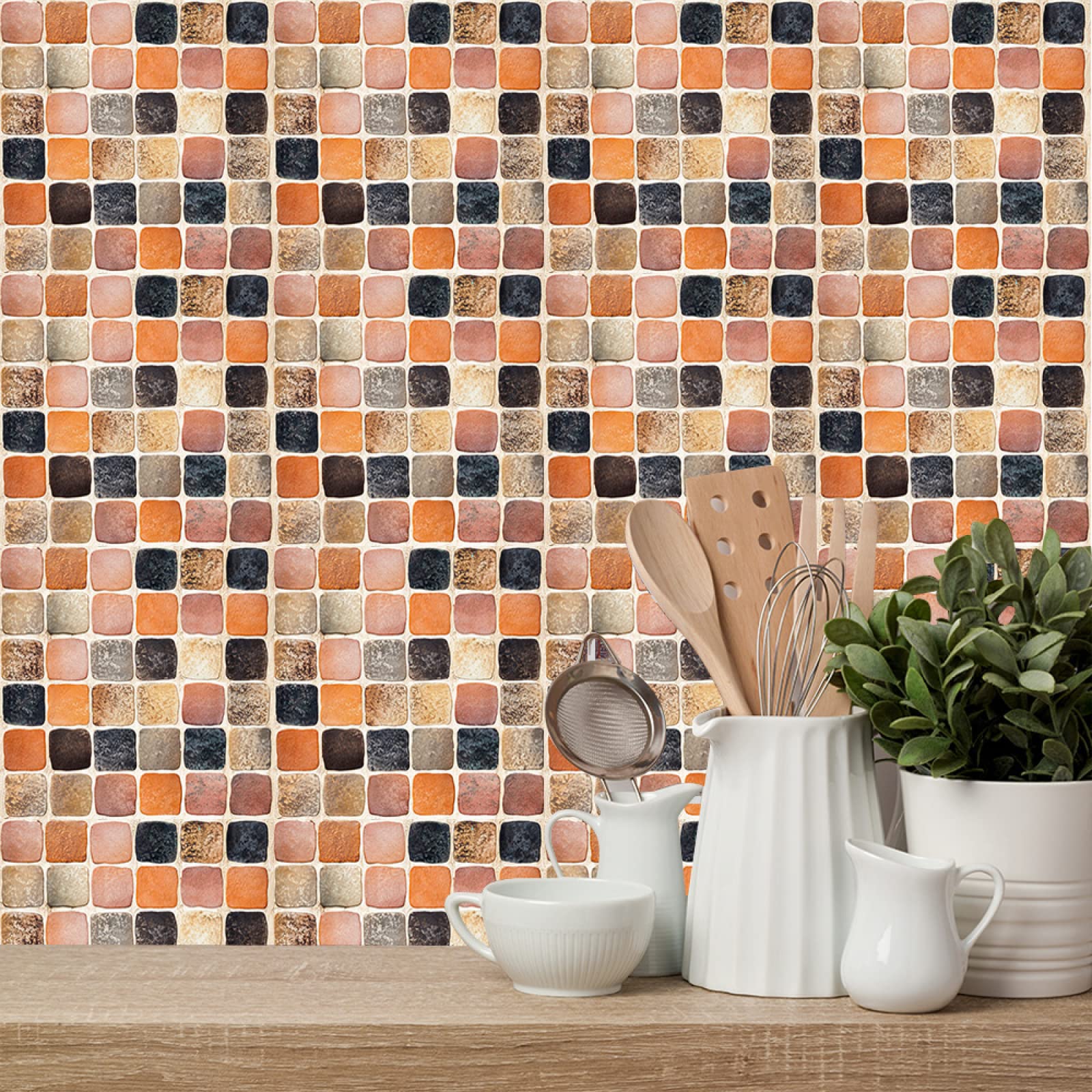 Stick on Tiles Orange Retro Mosaic Tile Stickers for Bathroom Kitchen Backsplash Waterproof Tile Covers for Fireplace Surround Cabinet Furniture Stick on Kitchen Tiles 10x10 cm/10 pcs
