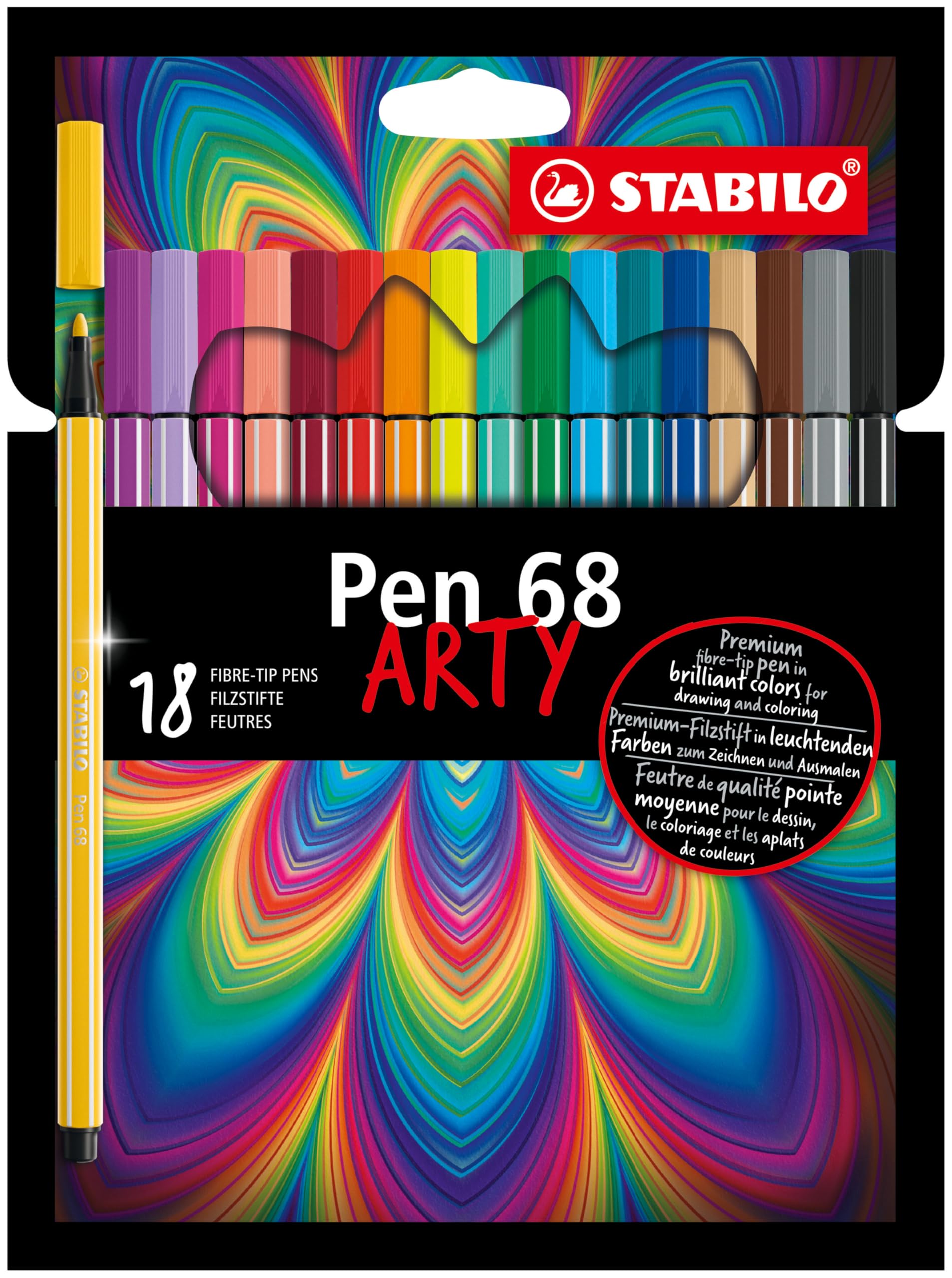 STABILO Pen 68 - Premium Fibre-Tip Pen - ARTY - Pack of 18 - Assorted Colours