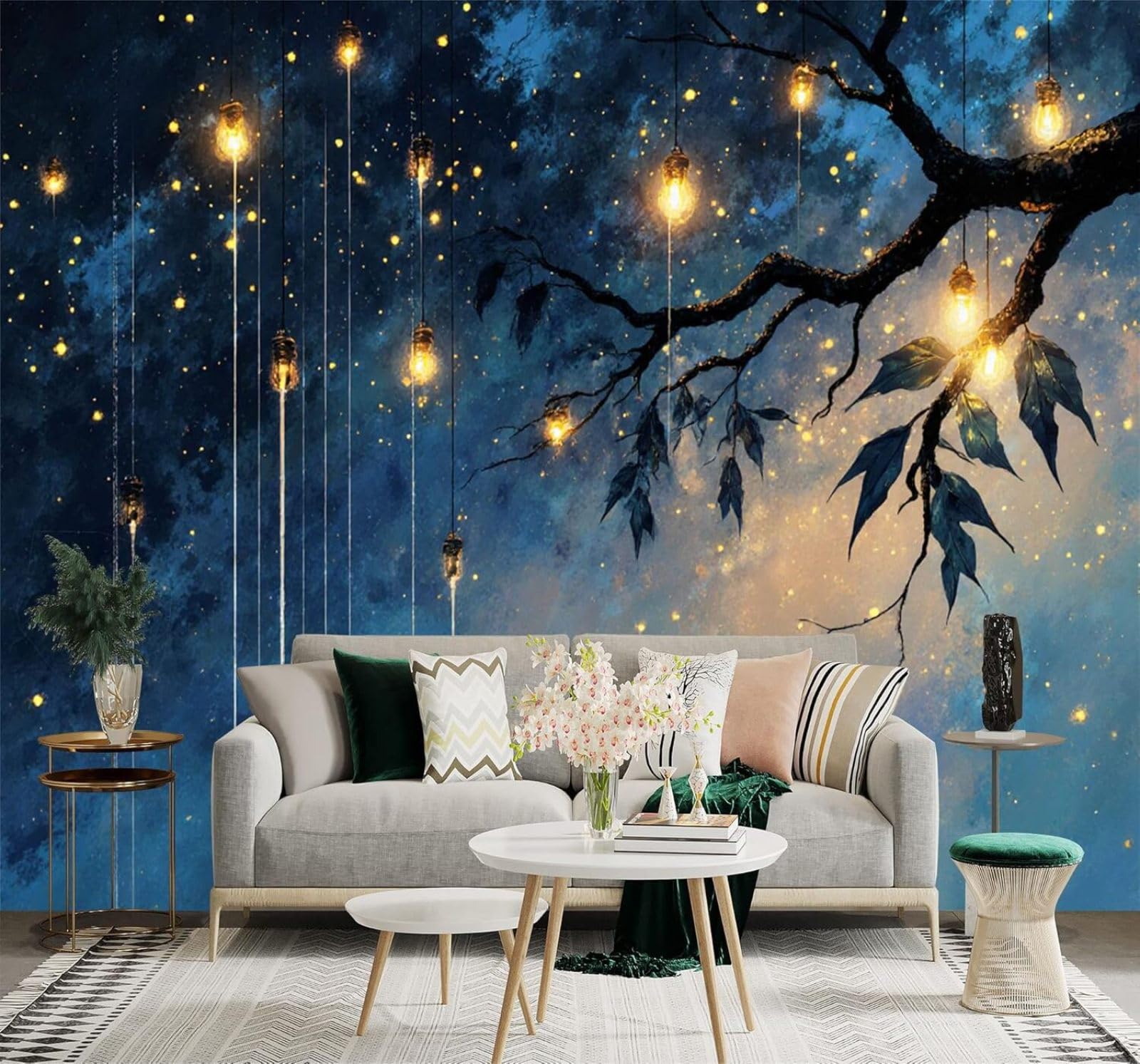 XLMING Hanging Lights Tree Branches Dreamlike Blue Starry Sky Art 3D Wallpaper Silky Texture Home Study Office Grey Dining Room Sofa Bedroom Living Room TV Backdrop-250cm×170cm