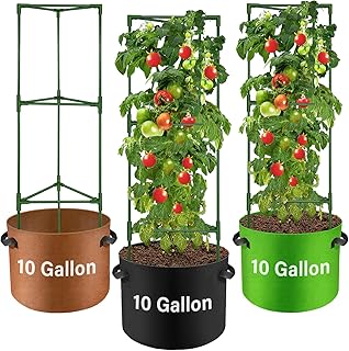 Suntee 3 Pack Tomato Cage with 10 Gallon Grow Bags, 48 Inch Tomato Cages for Garden Patio Balcony, Adjustable Height Tomatoes Plant Support for Climbing Vegetables Plants Flowers