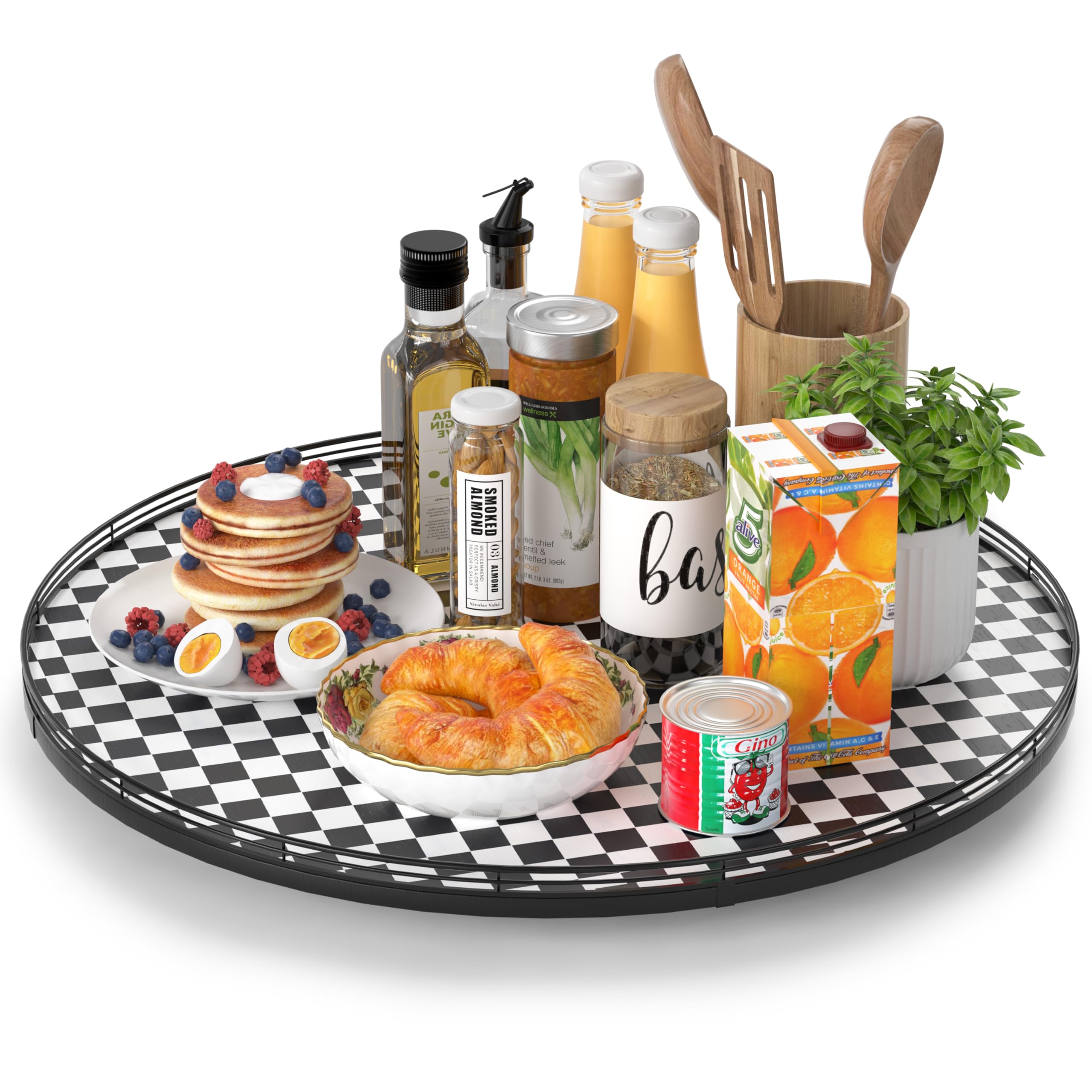 AMH 24-Inch Black and White Checkerboard Lazy Susan Decorative Tray