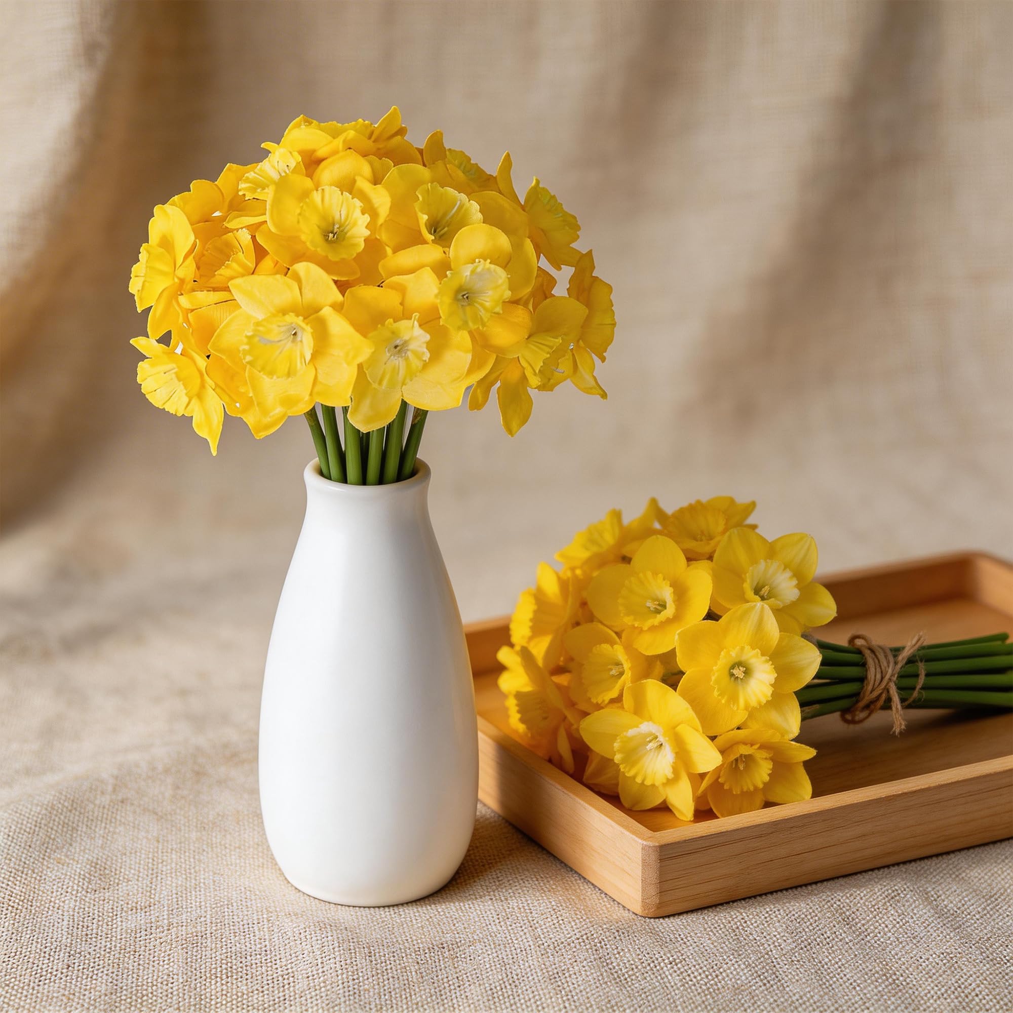 MINWEGI 2 Bundles Realistic Artificial Daffodils - 12 Stems Handmade Silk Flowers for Home Decor, British Spring Style Yellow Narcissus, No Maintenance Faux Floral Arrangement (32cm)