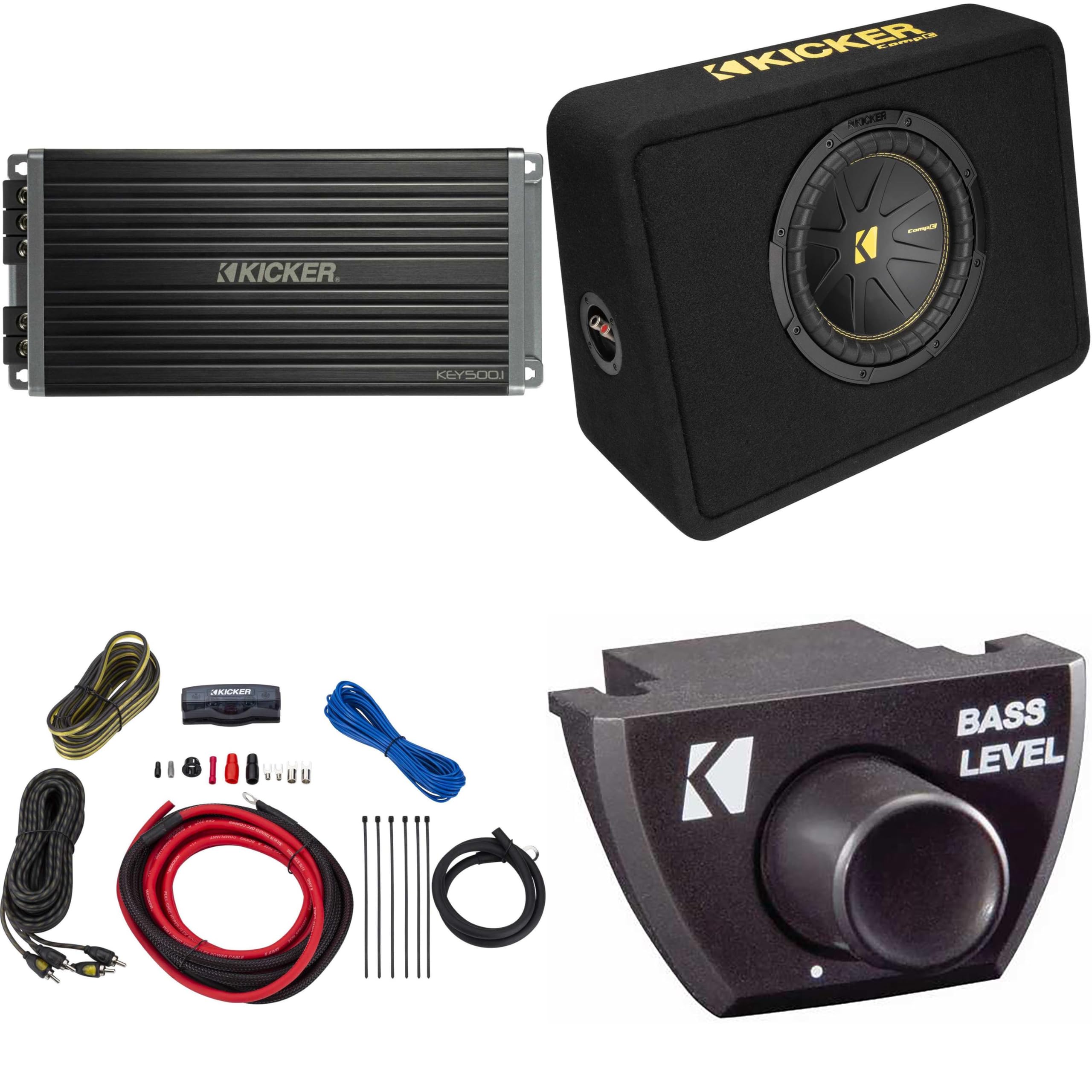 Kicker 10 Inch Comp Truck Bass Package 50TCWC102 with 47KEY500.1, Bass Knob and 47VK6 amp Wire kit