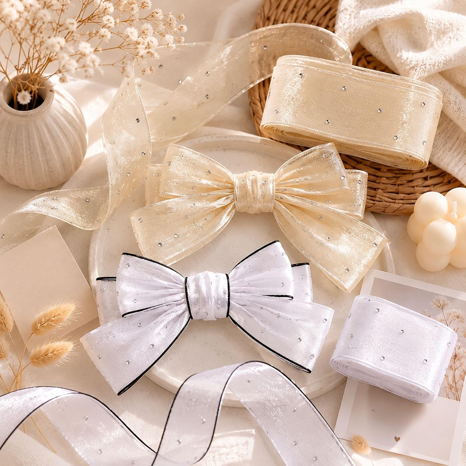 Beige White Sheer Glitter Bow Ribbon Set image 4