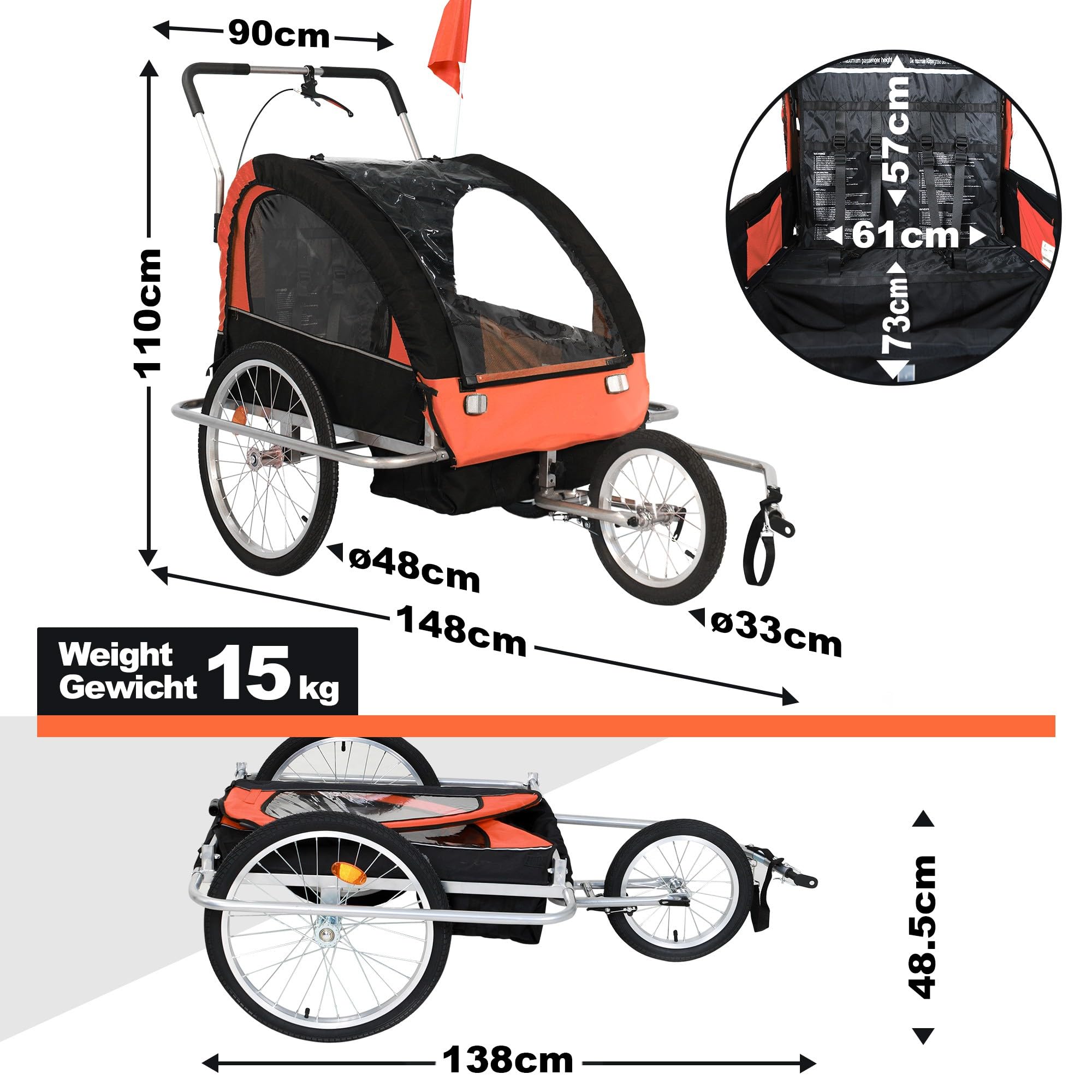 Jago® Remolque para Niños - 12+ Meses, 2 Plazas, Cinturón de Seguridad 5 Puntos, Plegable, Negro y Naranja - Cochecito de Paseo, Carrito, Bicicleta Infantil, Bici, Jogger, para Perros