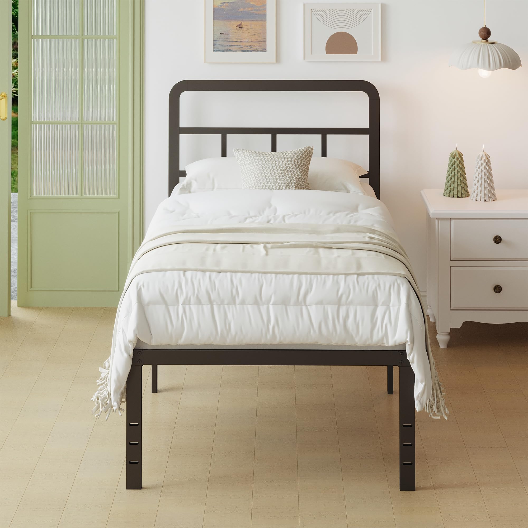 Lutown-Teen metalen bedframe 90x200 cm met gebogen hoofdbord, bedframe 46 cm hoog, stevig bed met opbergruimte, eenvoudige montage, geruisloos, zwart