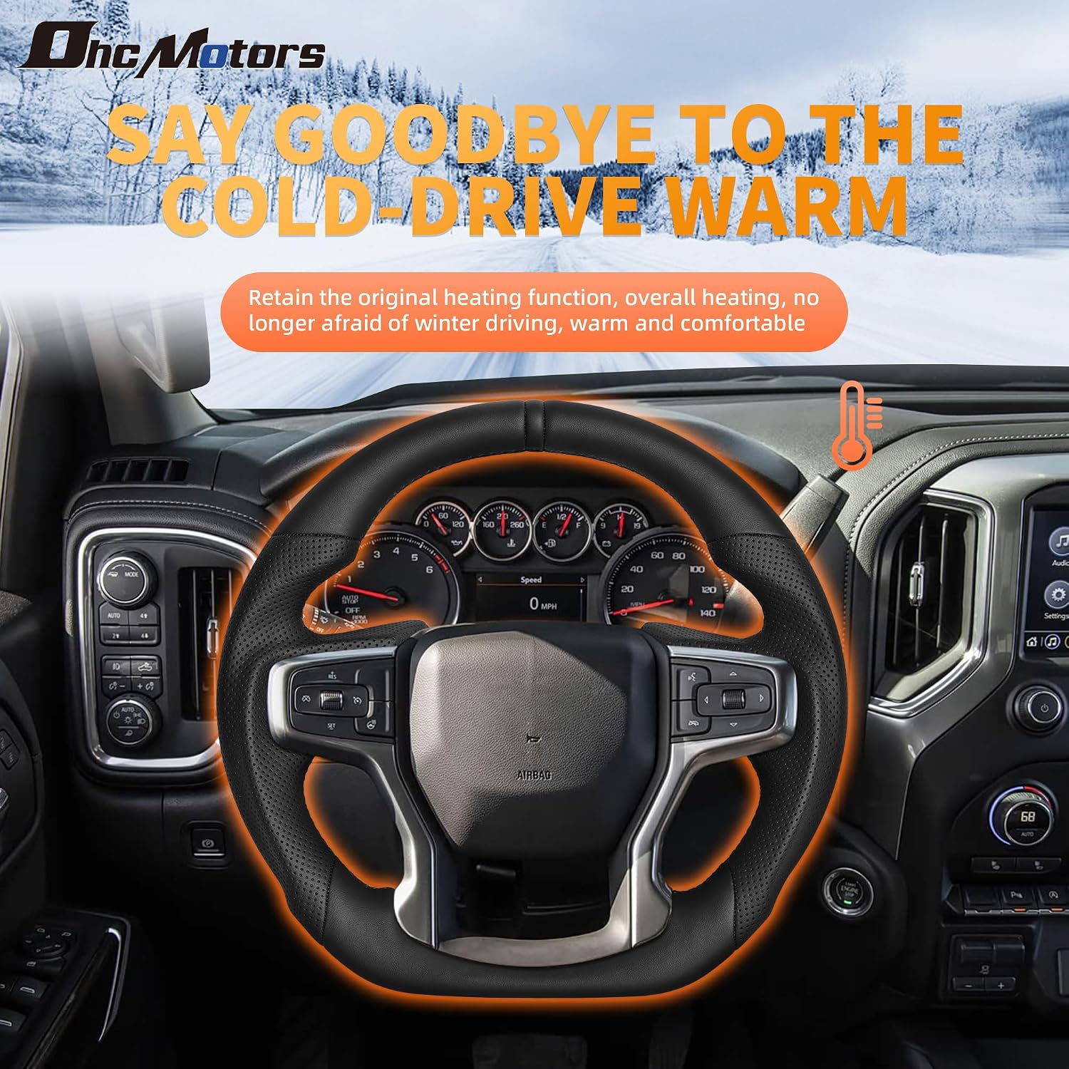 Black Full Leather Steering Wheel with Heating for Chevrolet Silverado 1500/2500HD/3500HD/Z71 2019-2025 Nappa Leather D Shape Steering Wheel for LTZ/High Country/ZR2 (Without paddle holes)