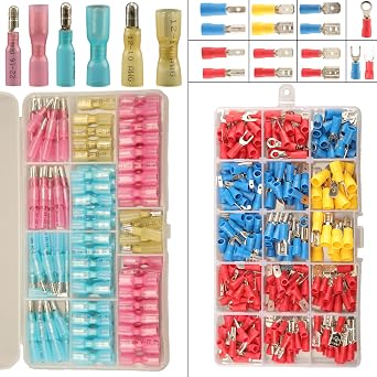 Feggizuli 280pc Crimp Connectors + 130pcs Heat Shrink Bullet Connectors, 15 Types 2.8mm 4.8mm 6.3mm Male and Female Spade, Bullet, Screw Terminals, Red, Blue, Yellow