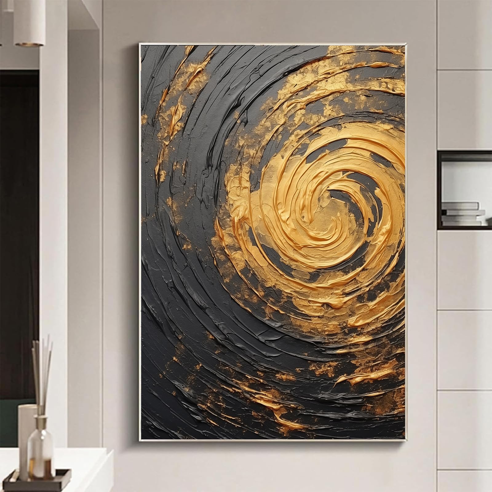 Black Gold Abstract Canvas Wall Art Tree Ring Print Texture Painting 16x24inch No Frame Modern Pictures Gold Foil Artwork
