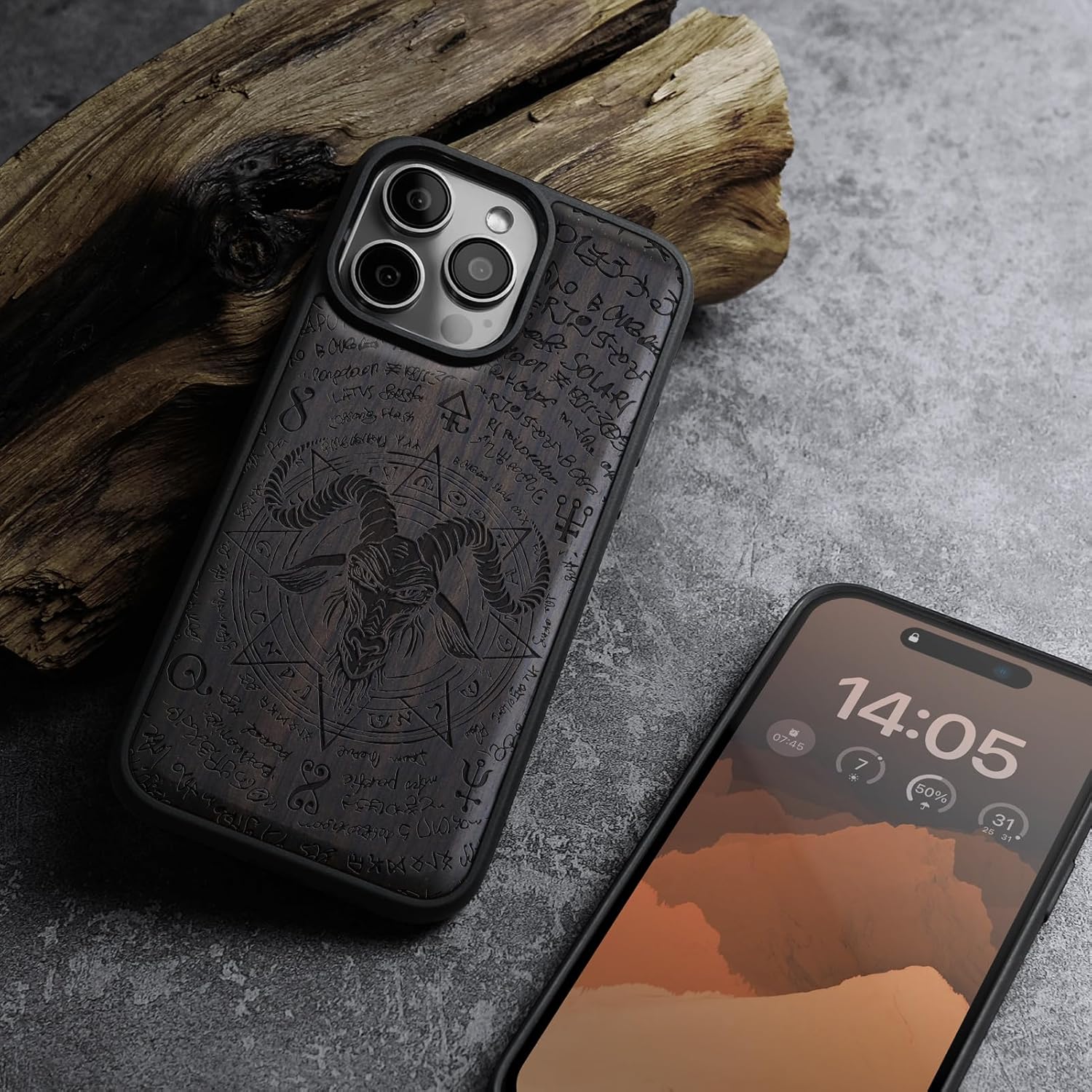 Carveit Magnetic Wooden Case for iPhone 16 Pro Max Case, Wood Artisan Engraved & Black Soft TPU Shockproof Cover, Compatible with MagSafe Wireless Chargers (Horned Goat) Blackwood