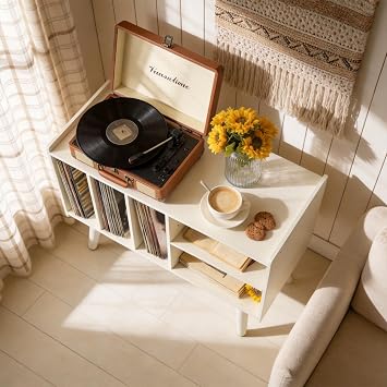 Record Player Stand with Vinyl Storage Holds Up to 300lb, Large Record Player Table Cabinet for Album Storage with Holder Vinyl Display Shelf, Wood Turntable Stand for Bedroom Living Room (White)
