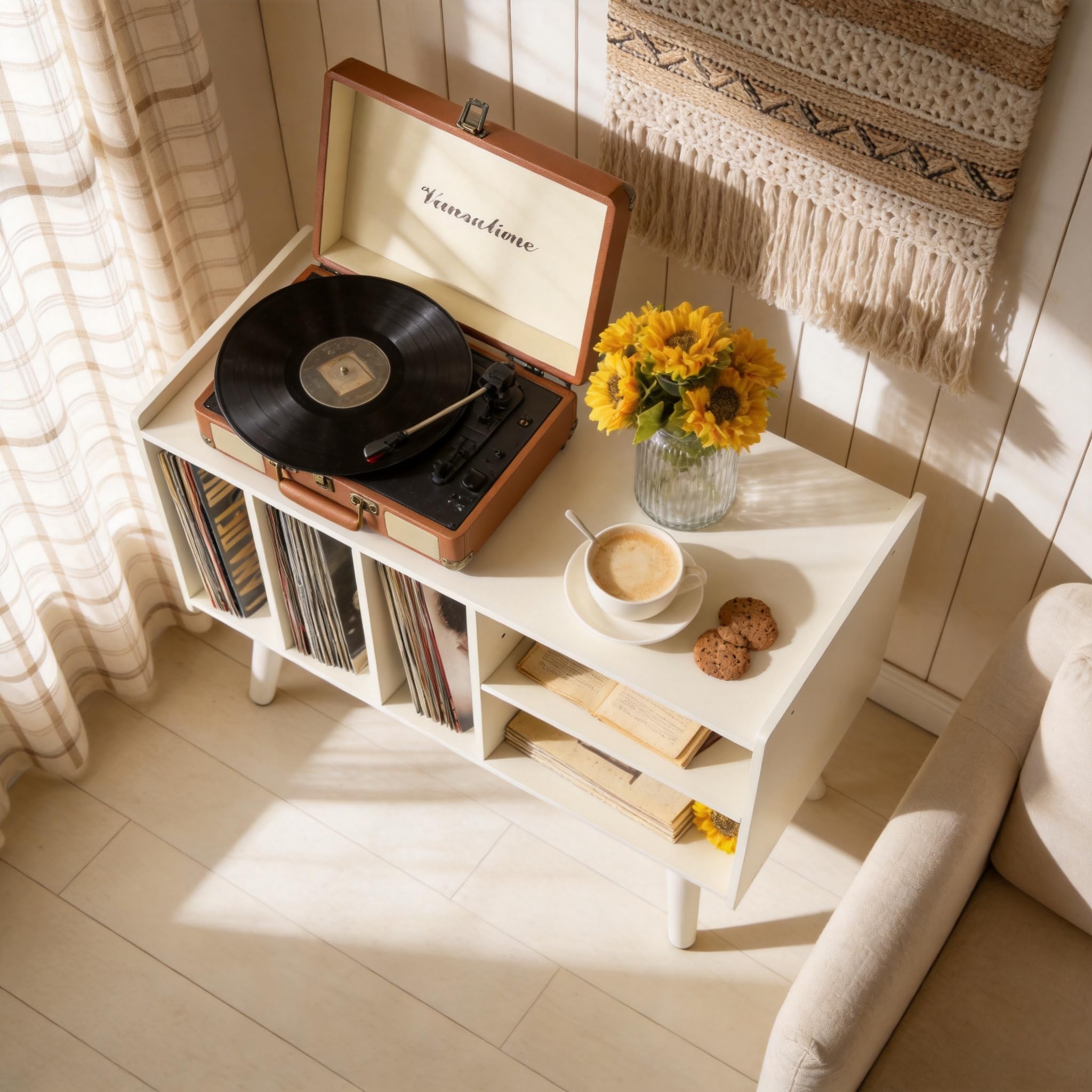 Supporto per giradischi con 4 armadietti, può contenere fino a 220 album, tavolo per giradischi metà secolo, supporto in vinile nero (White)