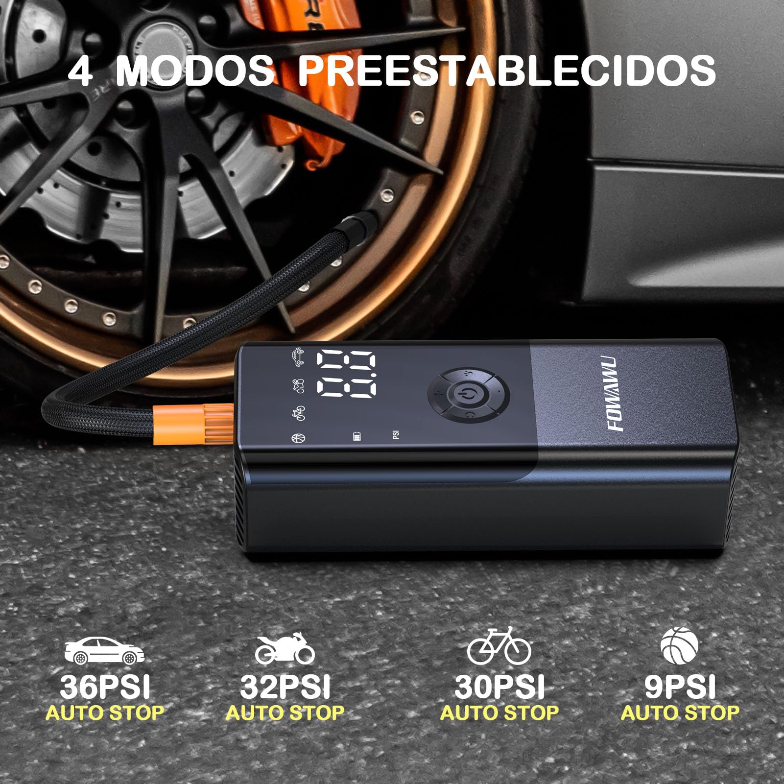 FOWAWU 6000mAh Compresor Aire Portatil, 150PSI 12V DC Bomba de Aire Bicicleta Electrica con gran pantalla doble LCD y Linterna LED, Inflador Ruedas Coche para Moto, Bicicletas, Pelotas